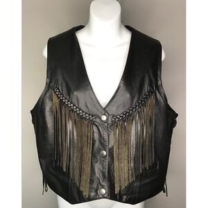 MOB Genuine Leather Fringe Biker Vest Womens Large Black Western Concho Laced